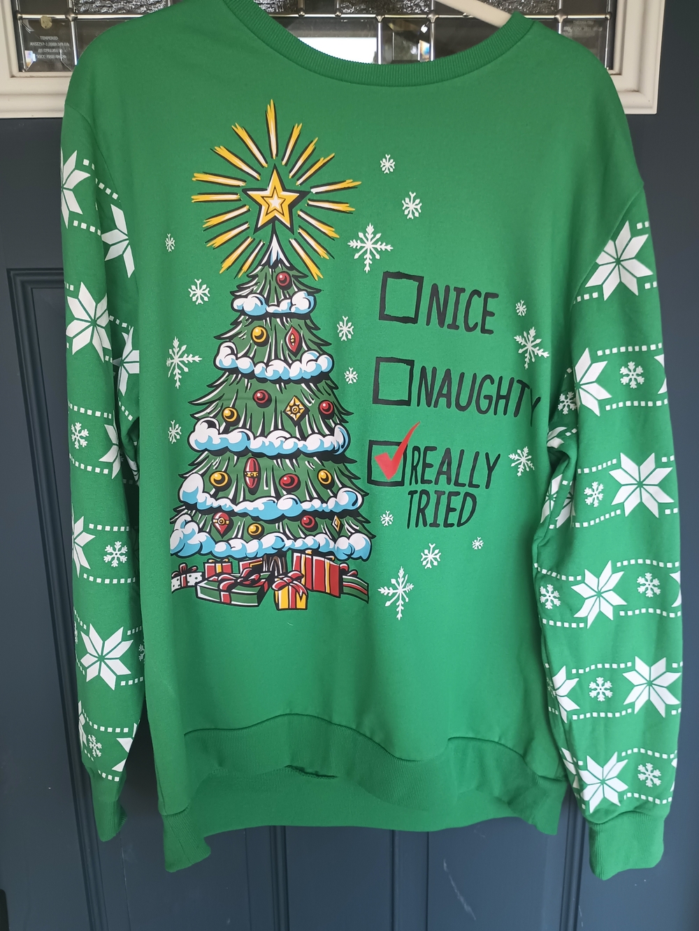 Festive Holiday Sweatshirt Naughty Nice Really Tried Size XL Ugly Sweater Party
